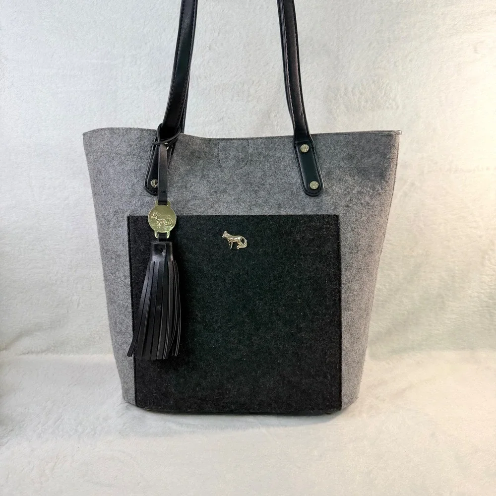 Emma Fox Tote Shoulder Bag Women Large Grey Black Felted Wool Tassel Charm